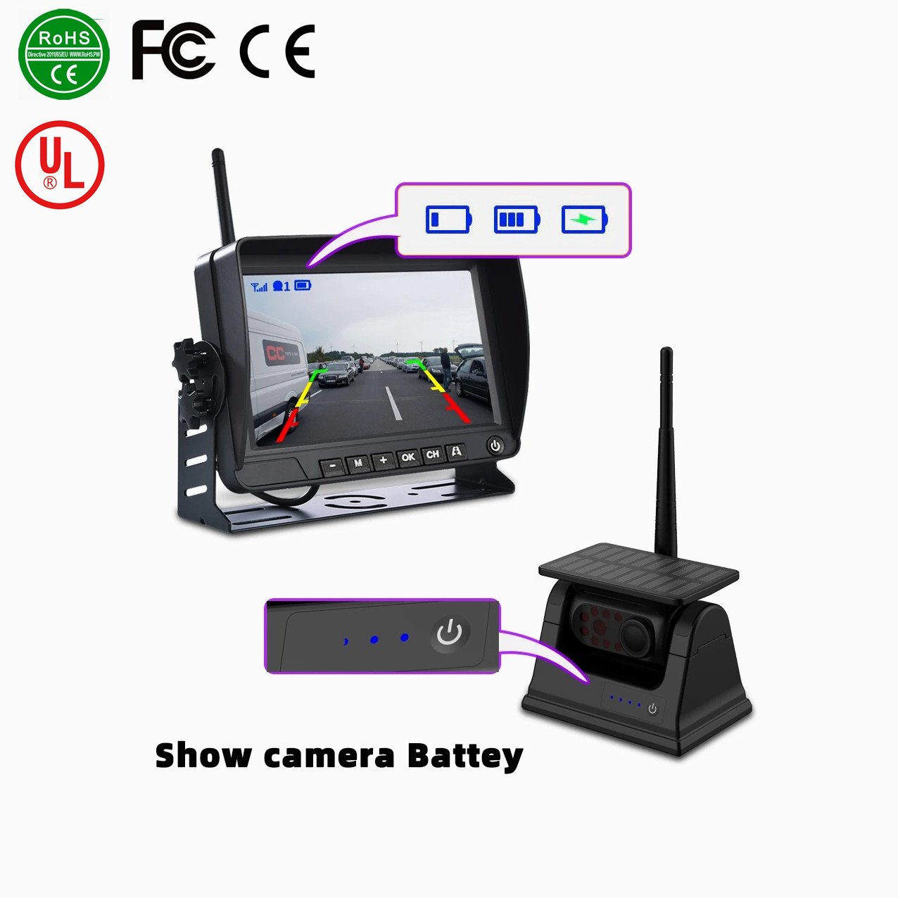 Magnetic Solar Wireless Backup Camera HD1080P 7" IPS Monitor System for Trailer/harvester/excavator/pickup/Car RV Truck